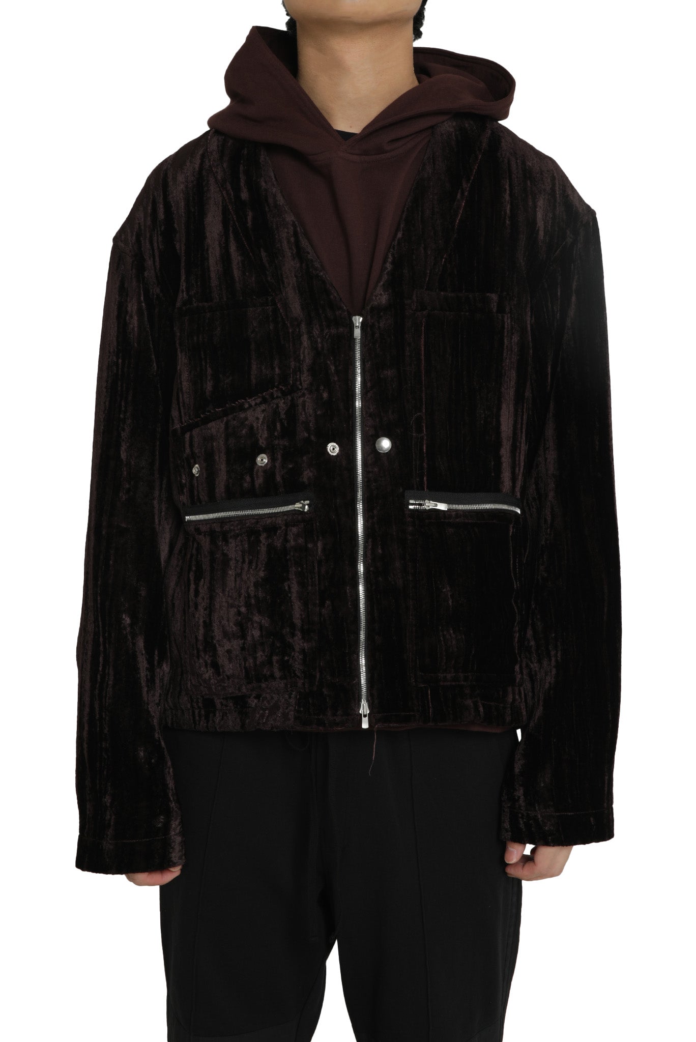 GREVILLEA / COLLARLESS VELVET BLOUSON in BORDEAUX BROWN