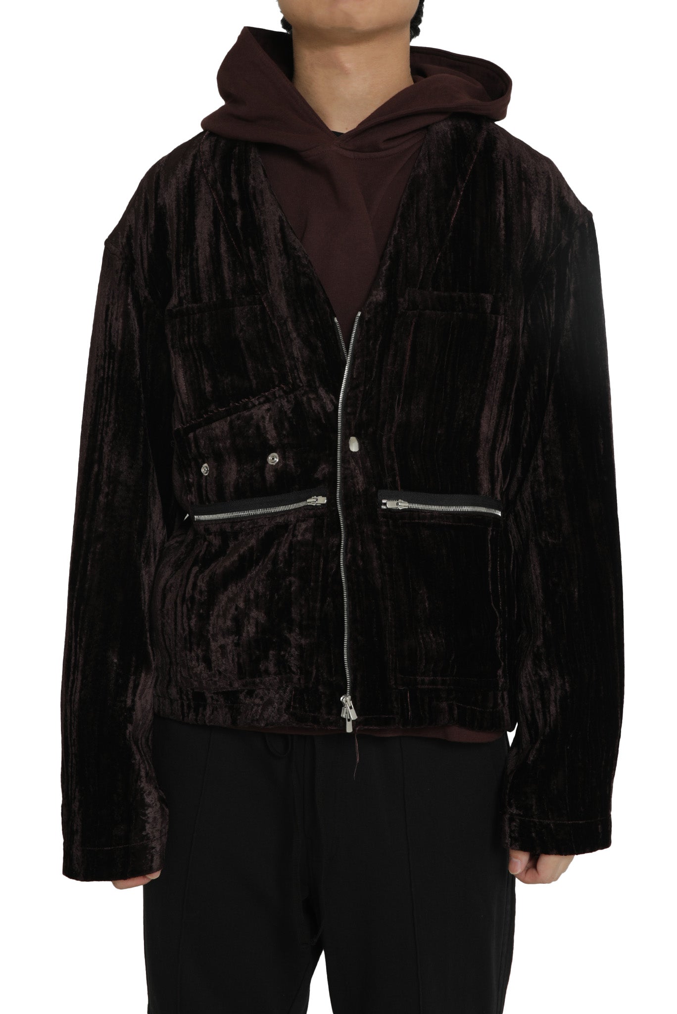 GREVILLEA / COLLARLESS VELVET BLOUSON in BORDEAUX BROWN