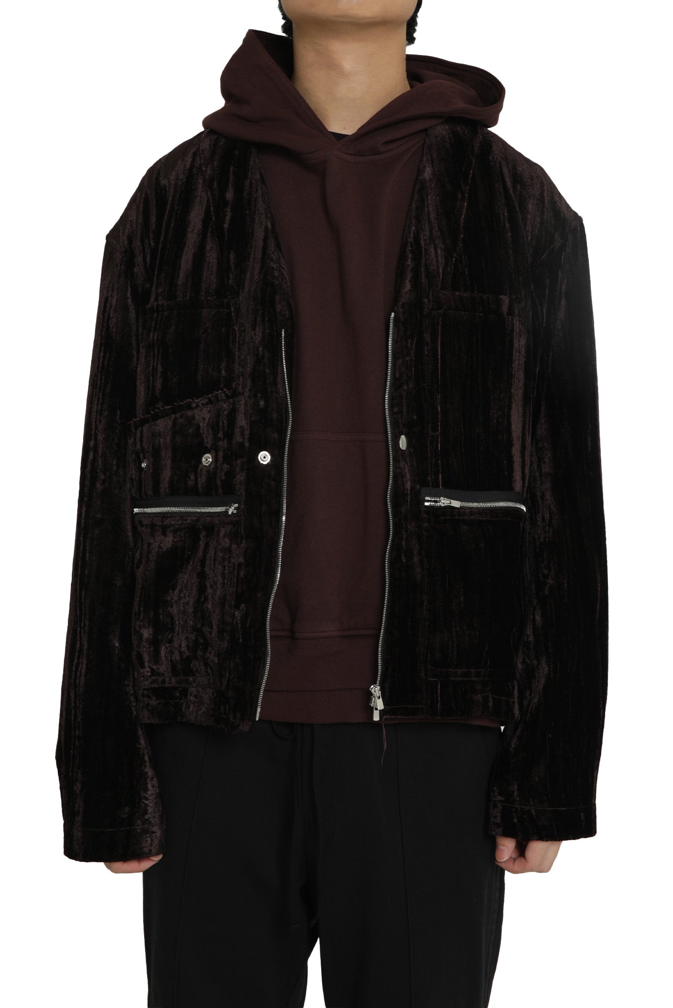 GREVILLEA / COLLARLESS VELVET BLOUSON in BORDEAUX BROWN