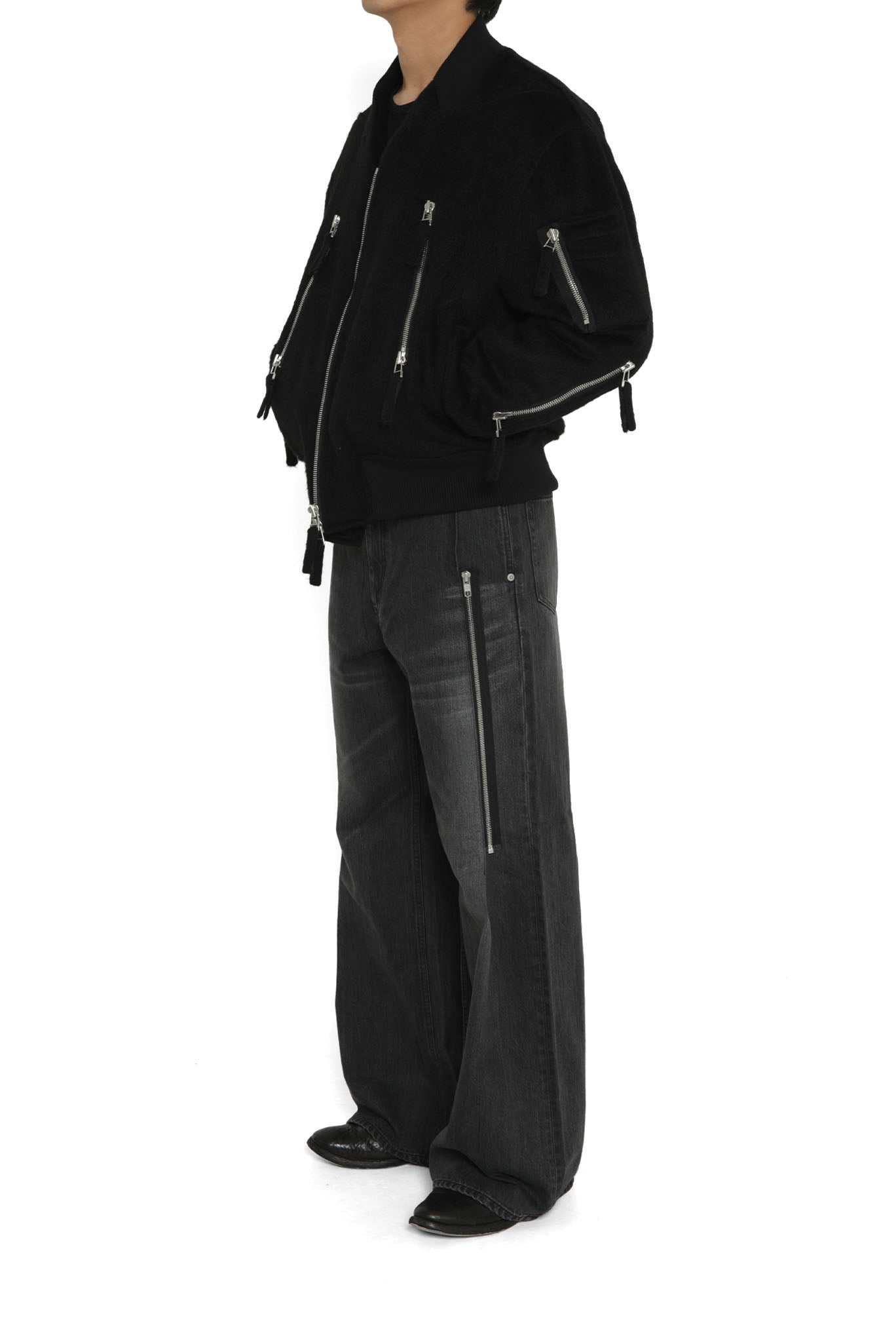 SCHEDAR / MEDIUM WEIGHT ZIPPED DENIM TROUSERS in BLACK