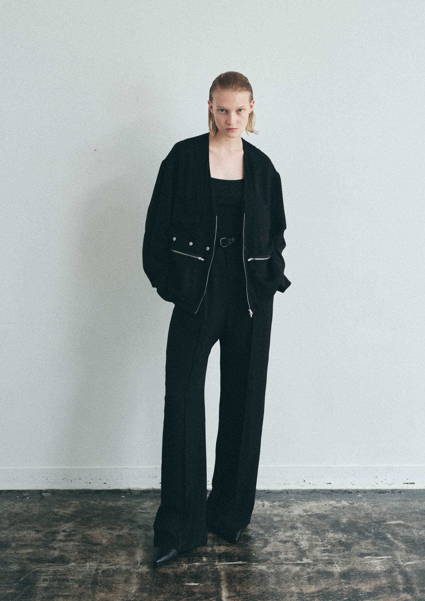 MYKONOS / ACETATE COLLARLESS BLOUSON in BLACK