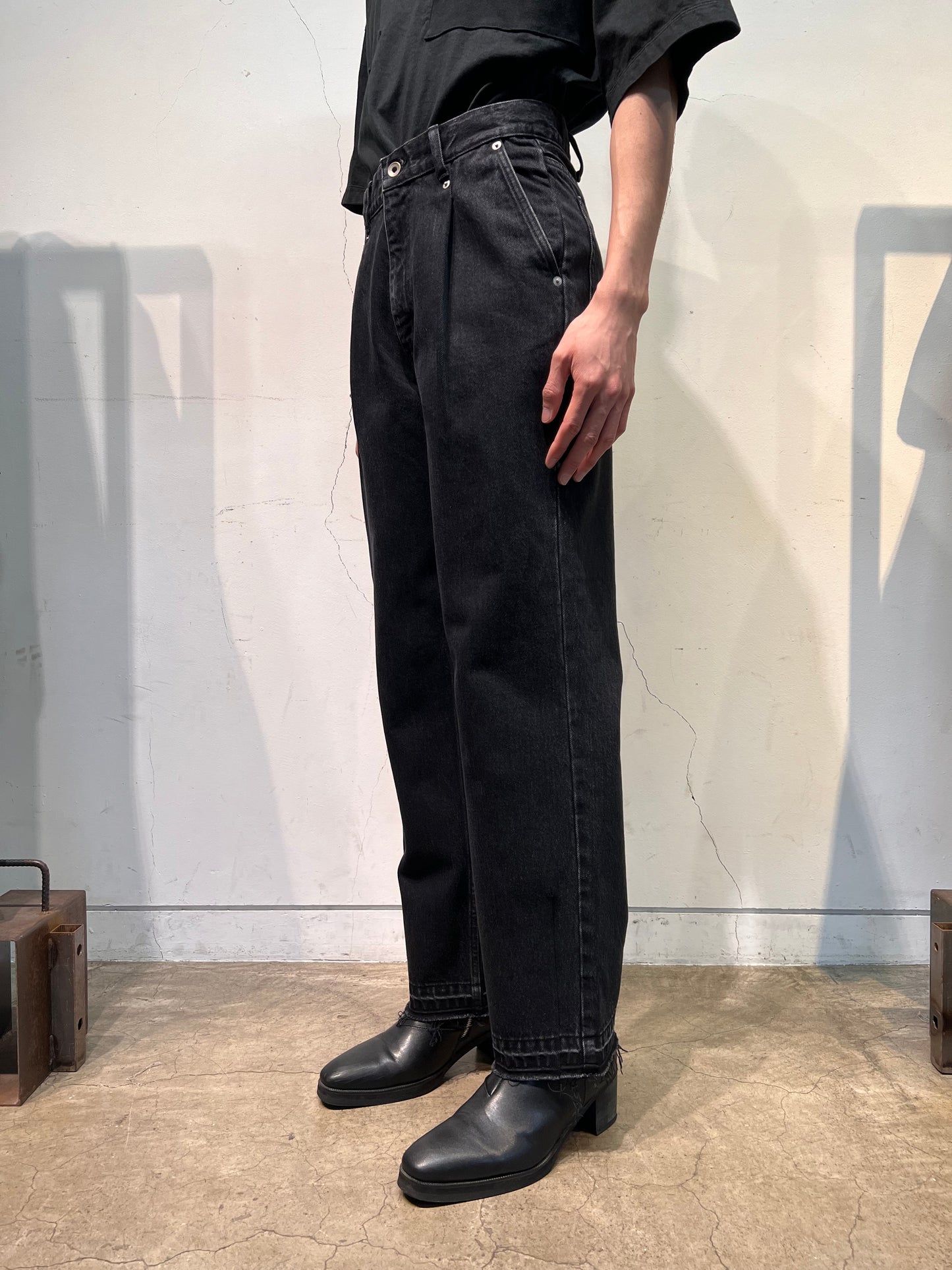 TAPERED DENIM TROUSERS in BLACK